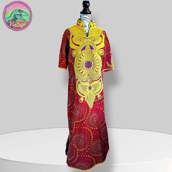 Vintage 1960’s / 1970’s Bohemian Goddess Polka Dot Dashiki Caftan Maxi Dress - Picture 5 of 8